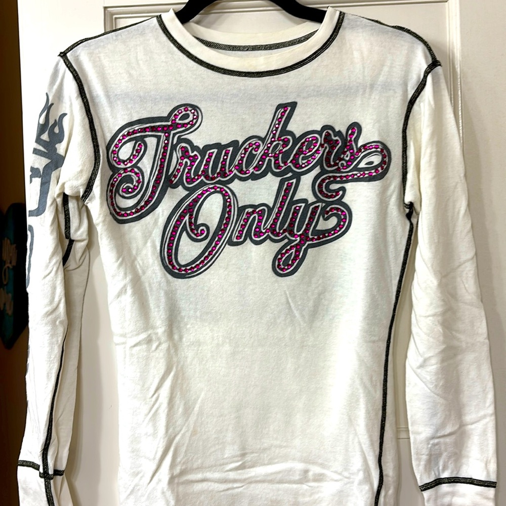 The Great China Wall Truckers Only off White med, lng sleeve,Swarovski crystals